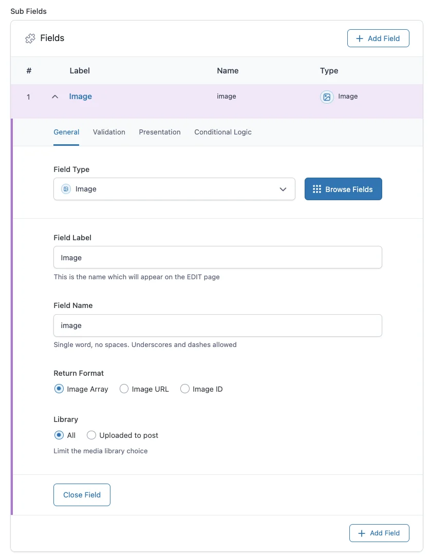 Sub Fields for Repeater Field