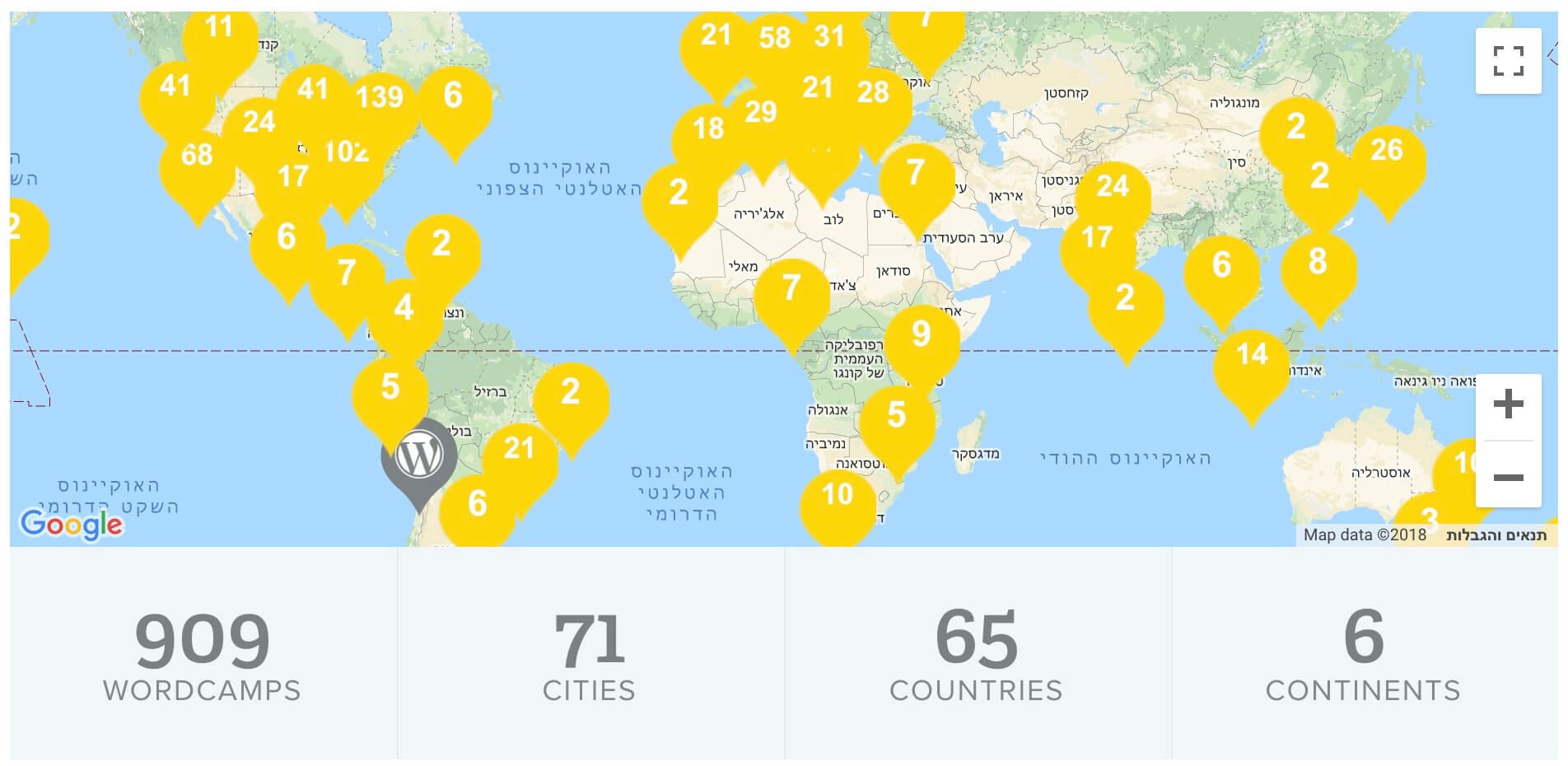 מספר ועידות ה WordCamps ברחבי העולם