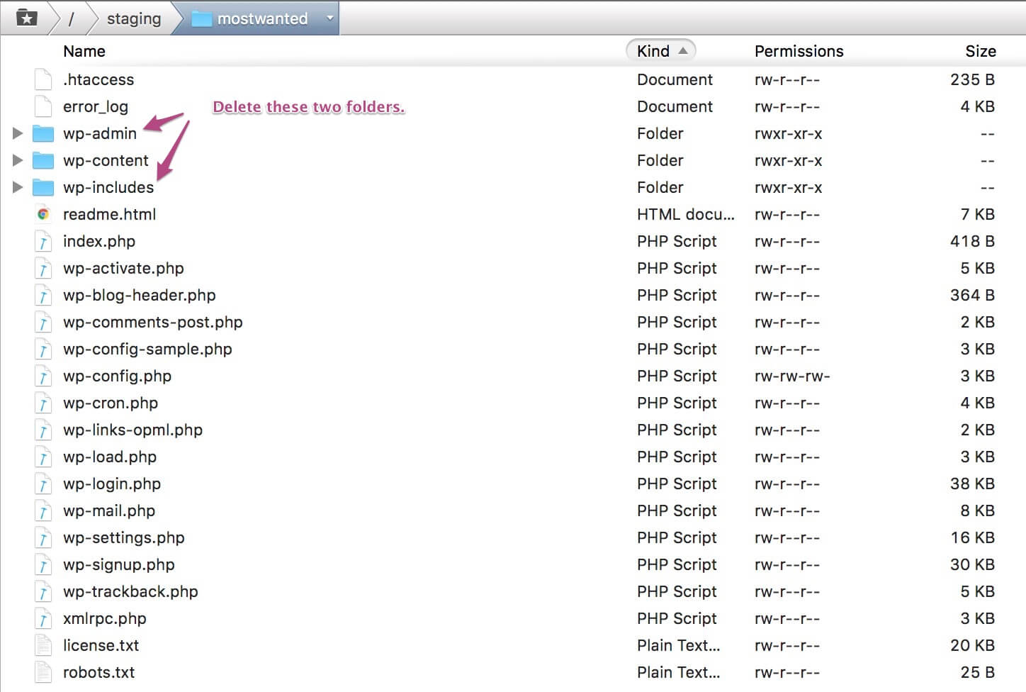Delete unnecessary folders during WordPress downgrade