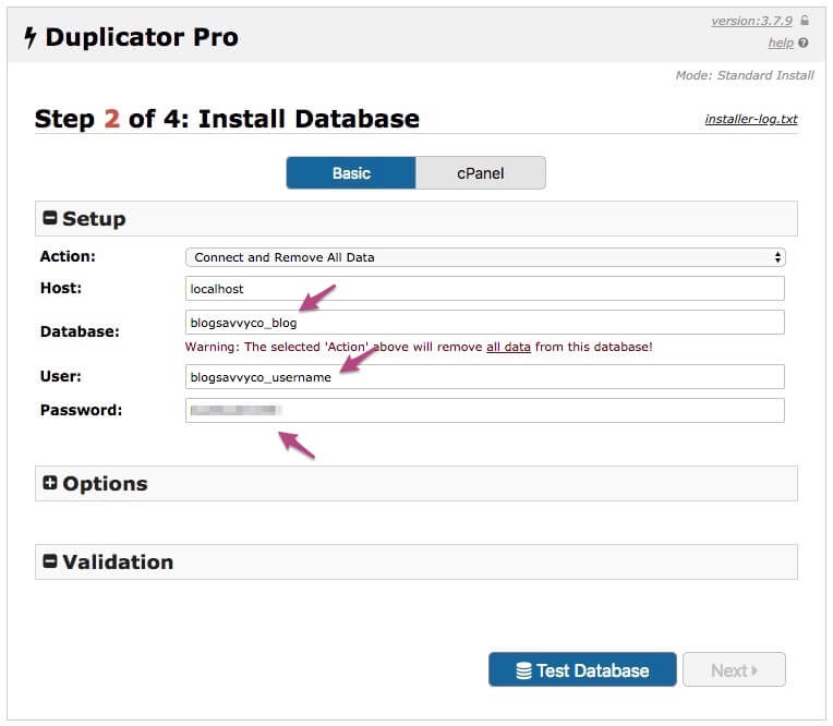 Entering Database and User Information into Duplicator