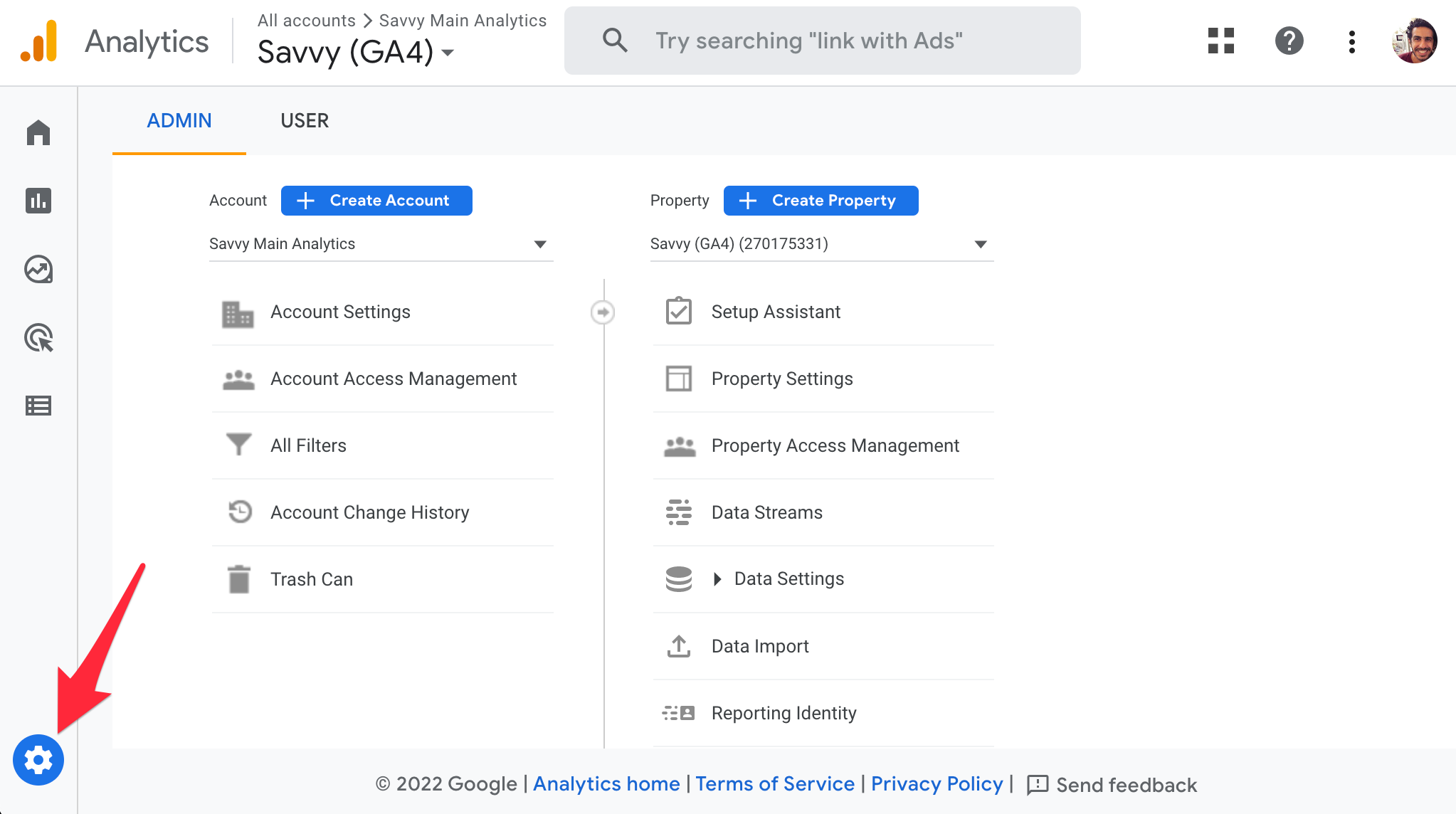 Open the Settings screen of Google Analytics 4