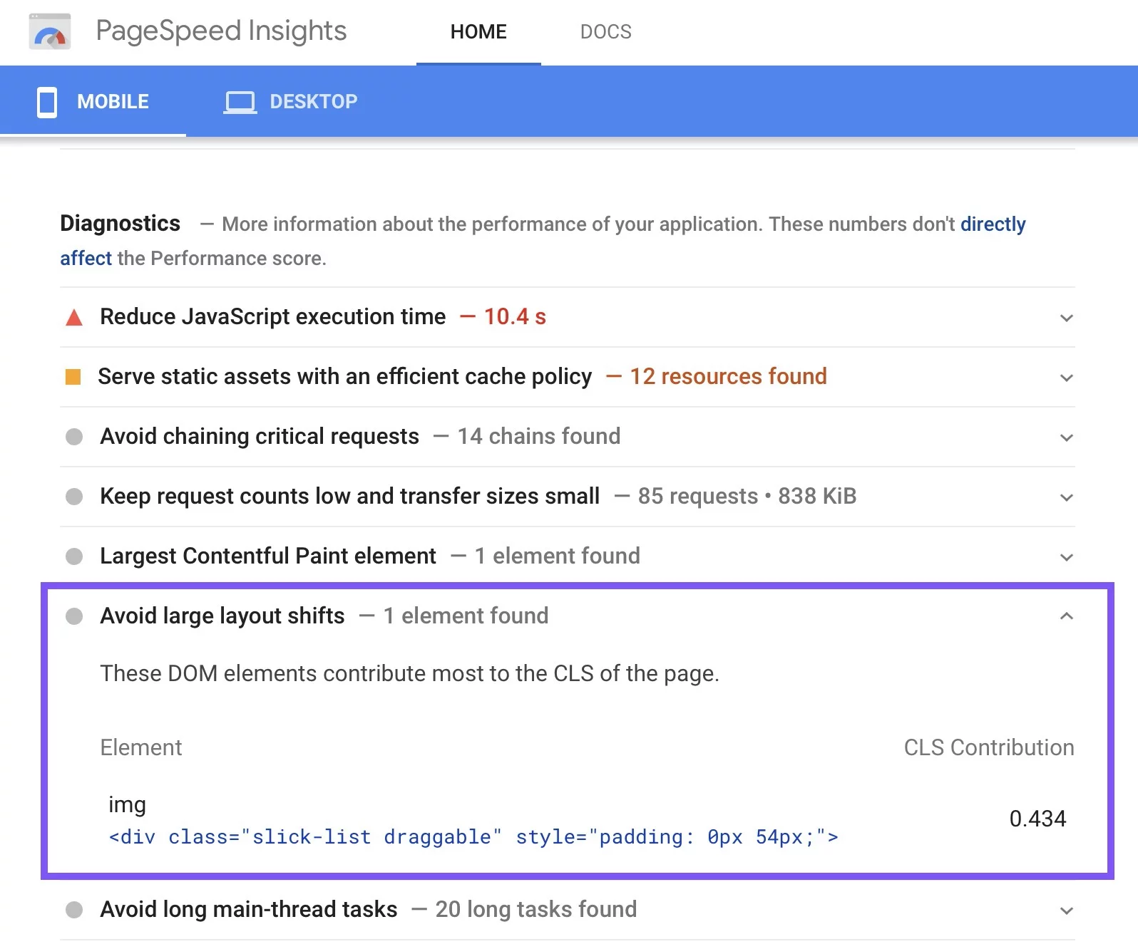 Avoid Large Layout Shifts - PageSpeed Insights