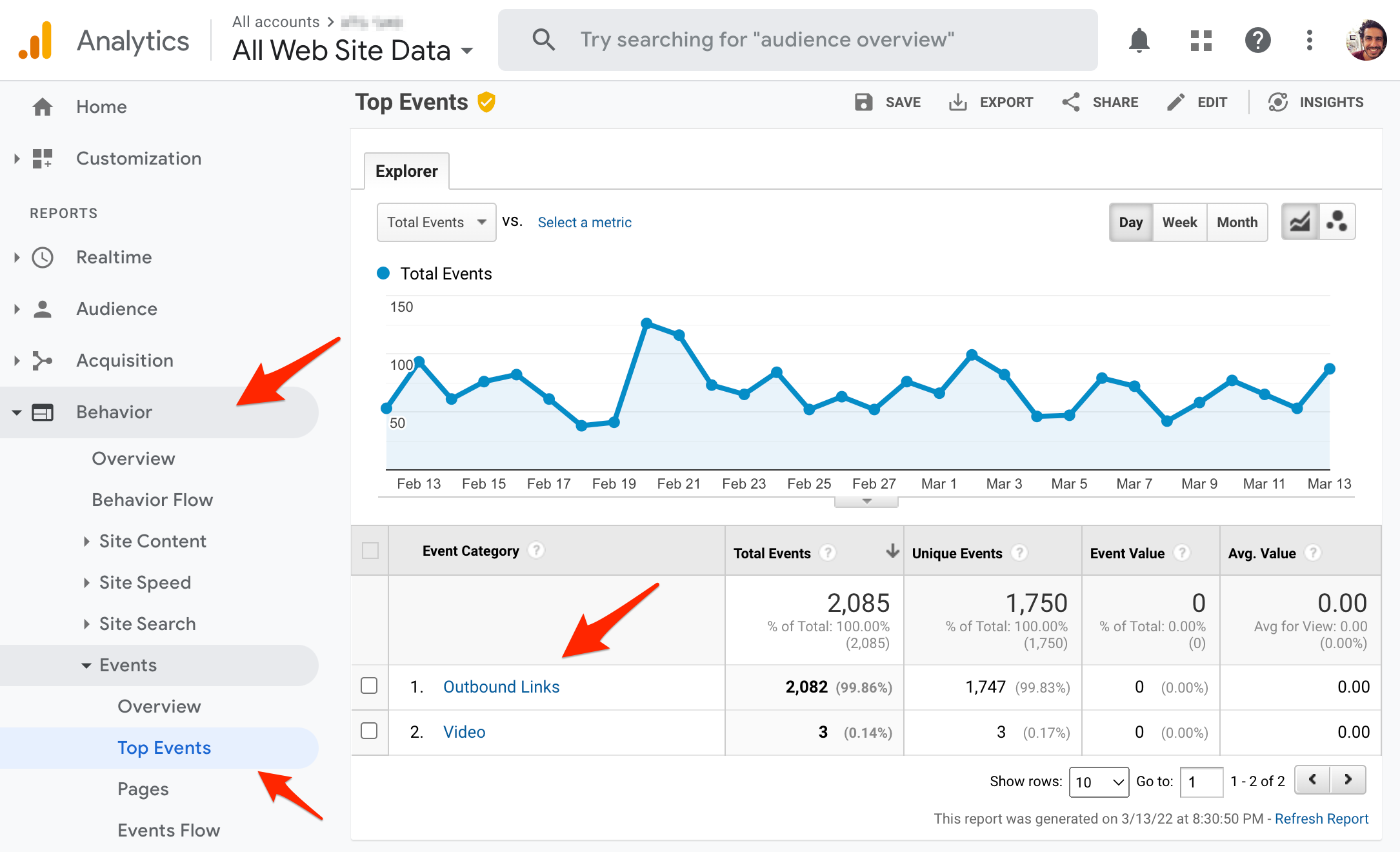Viewing the number of clicks on outbound links in Google Analytics