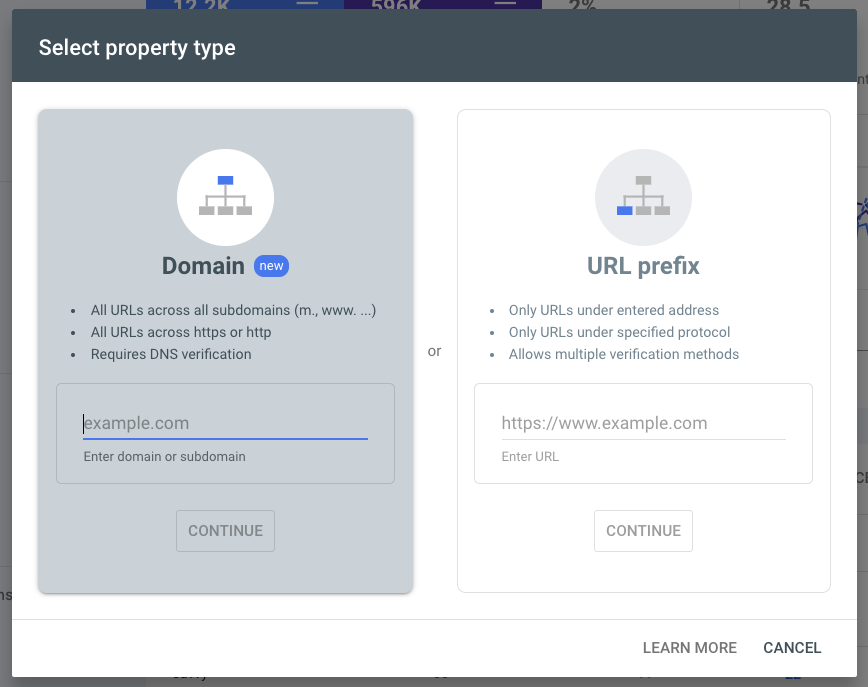 Select Property to add in Google Search Console