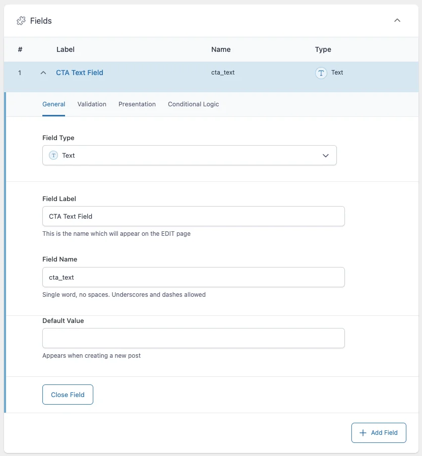 Text Field in Advanced Custom Fields