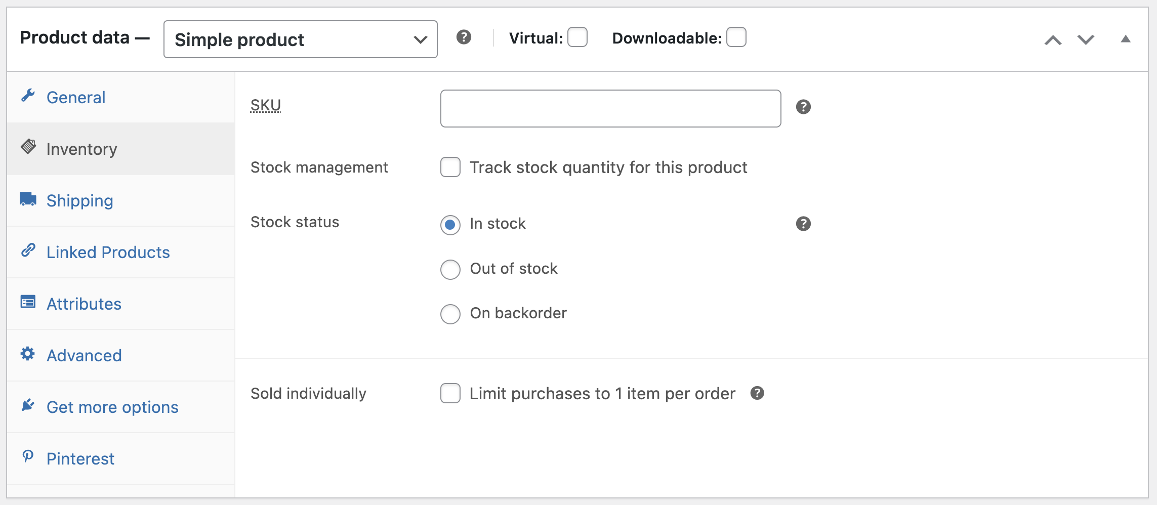 Product Data - Inventory - WooCommerce