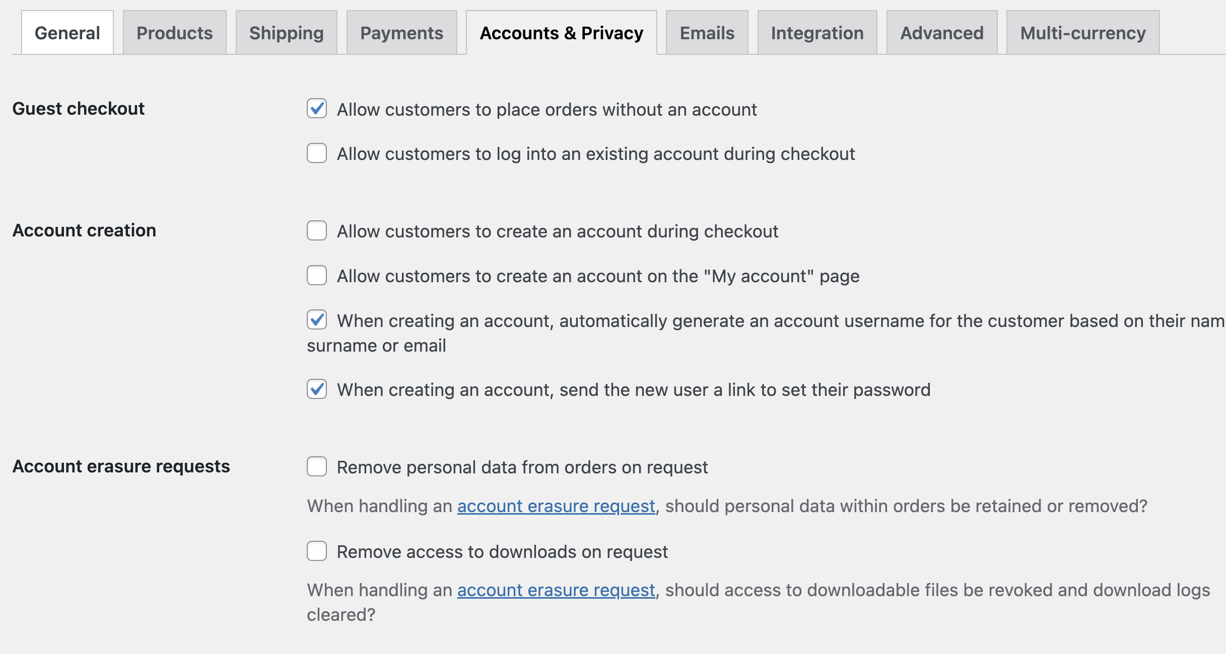 Store Settings - Accounts & Privacy