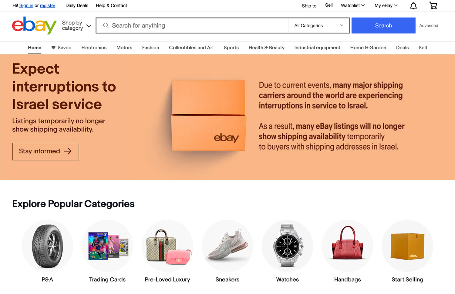 Above-the-fold part of the eBay homepage