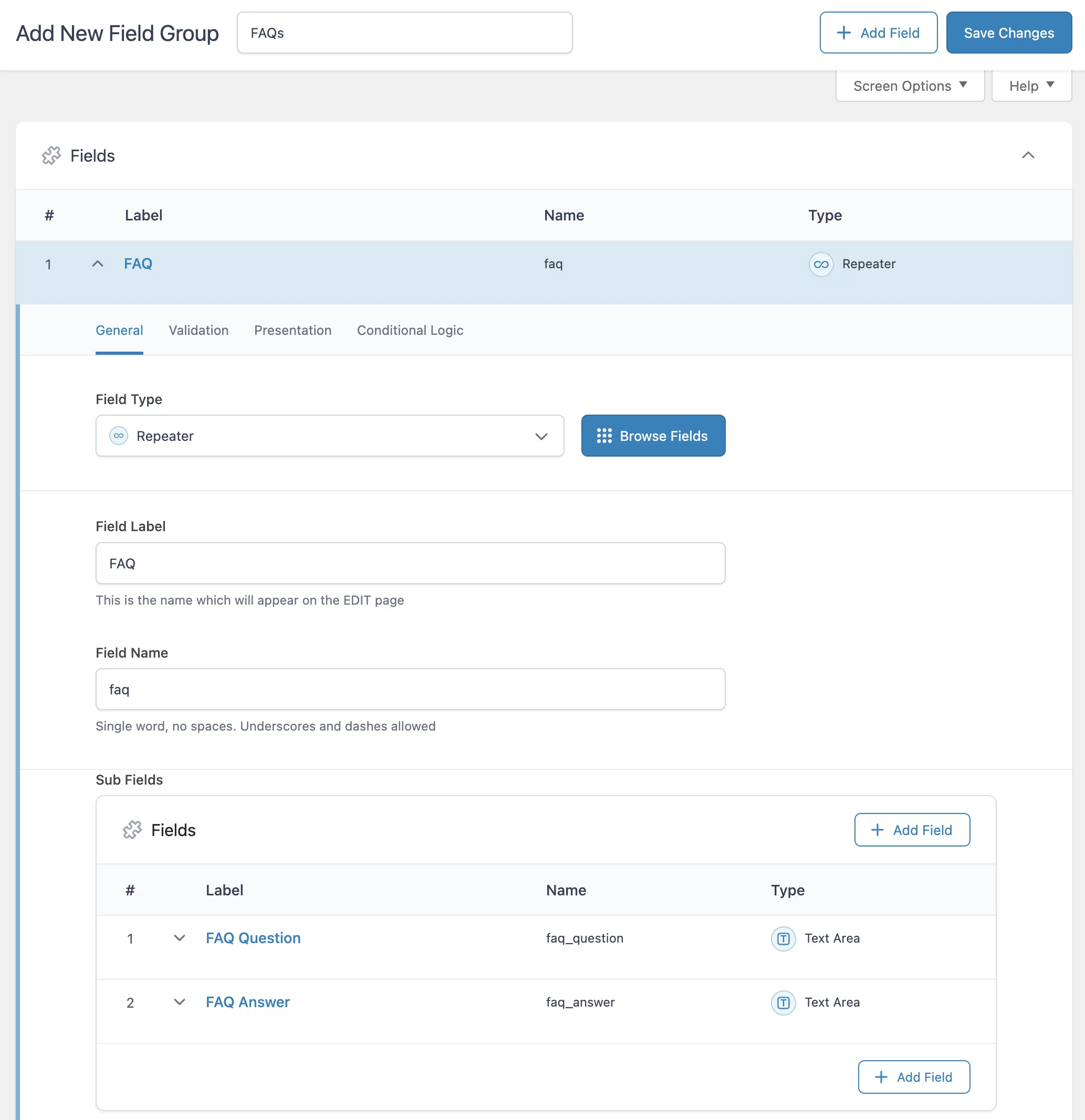 Creating a Repeater Field for Questions and Answers in ACF