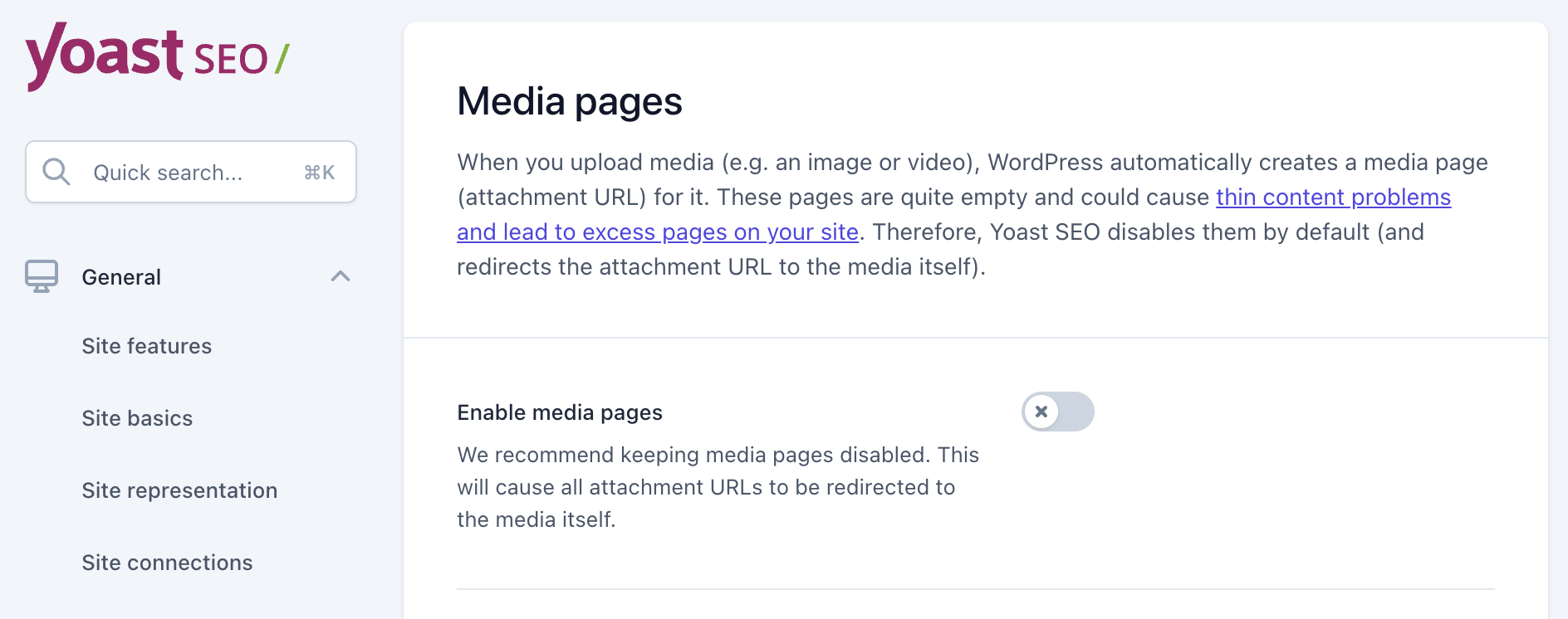Yoast Media Pages Settings