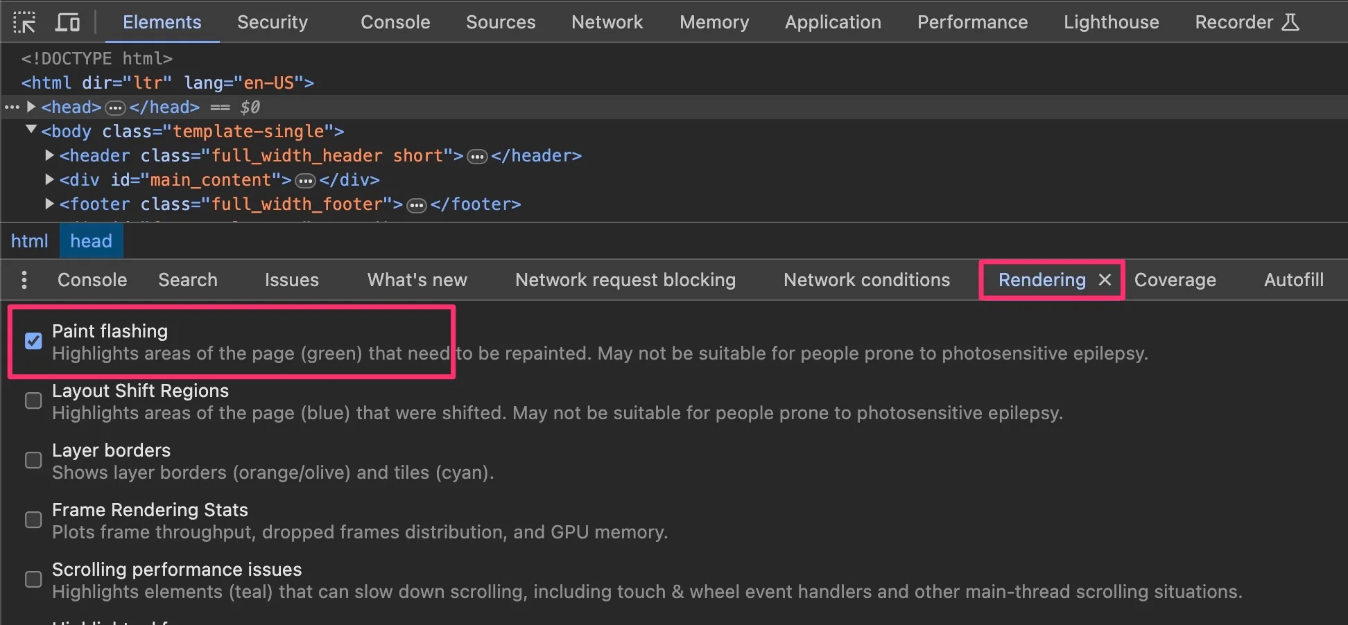 Paint Flashing - Chrome Dev Tools