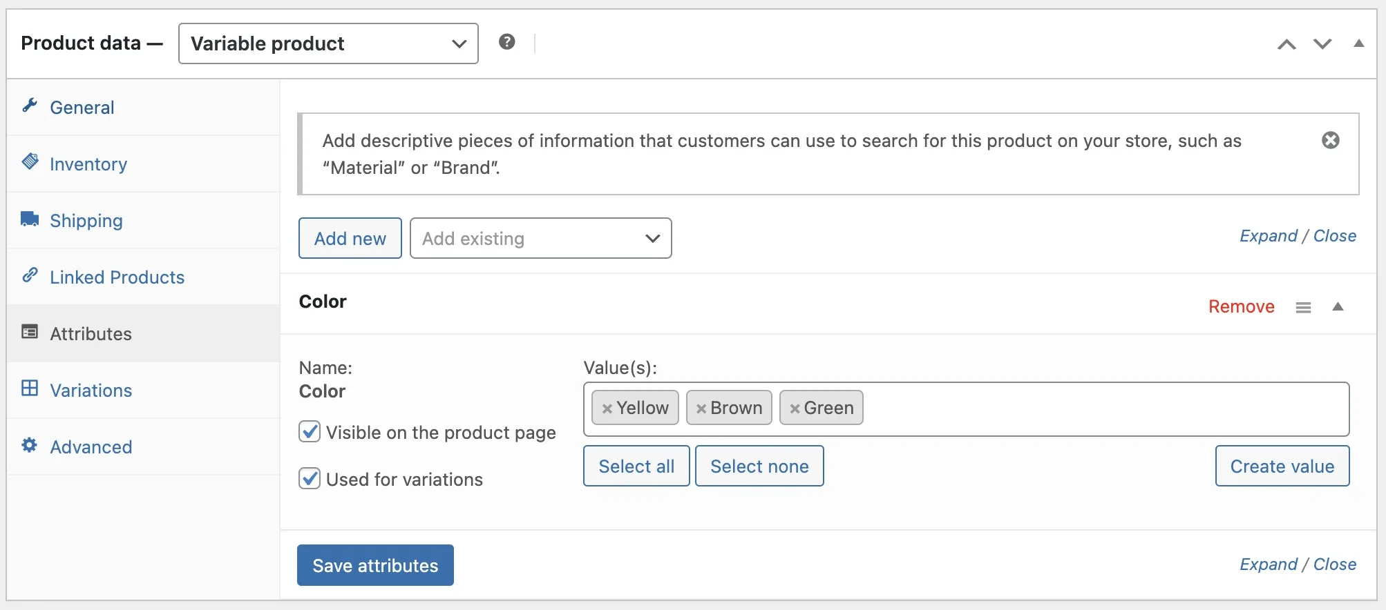 Adding Attributes to Product - WooCommerce Choose Terms for Product - WooCommerce