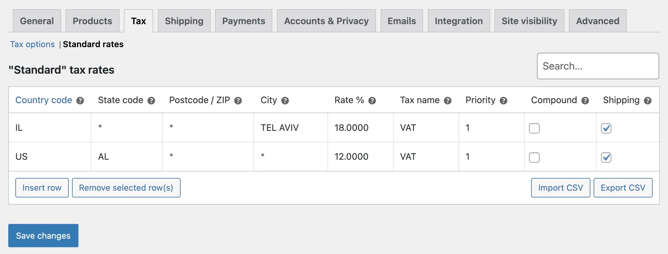 Standard Rates - WooCommerce Tax Settings