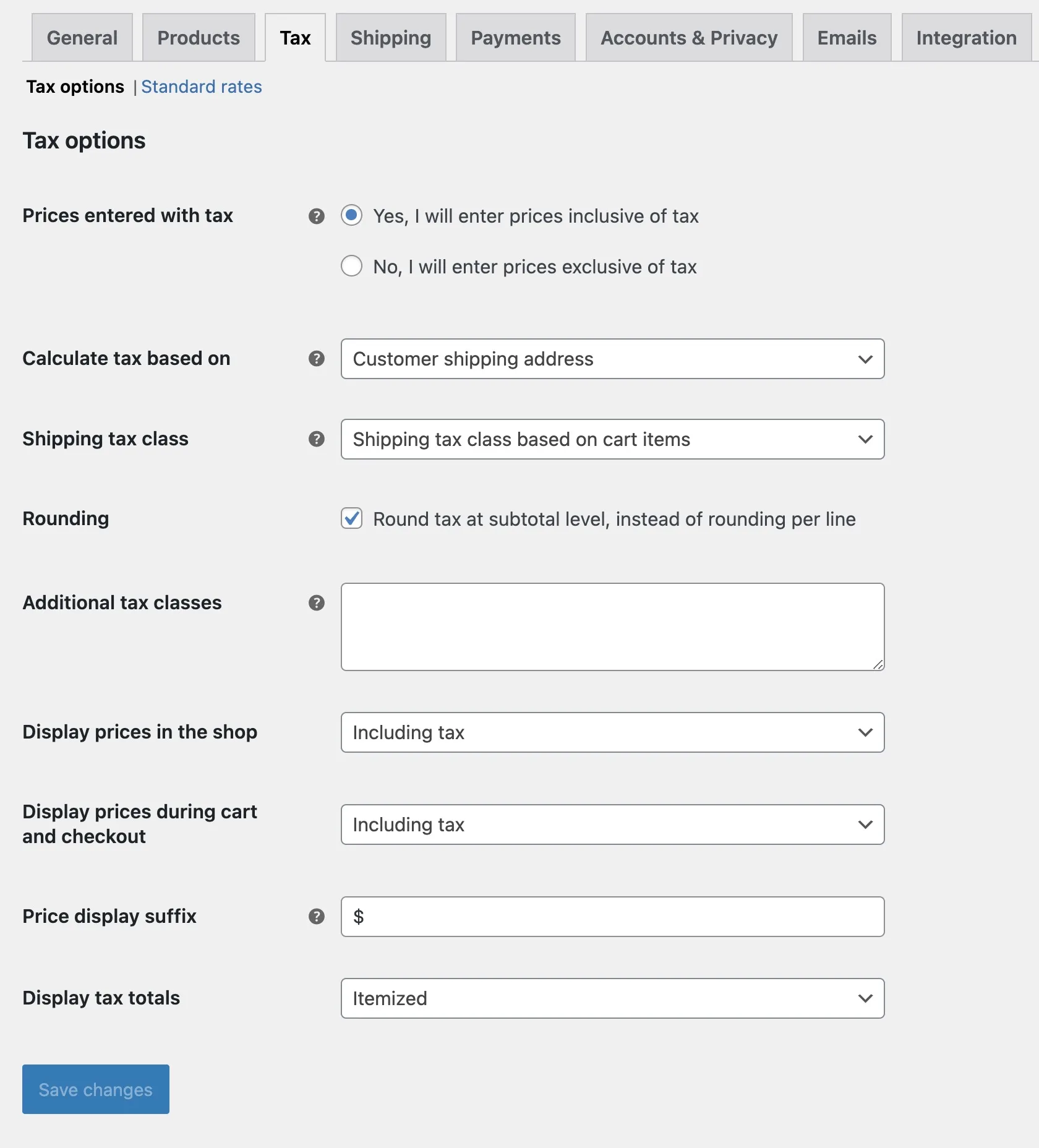 WooCommerce Tax Settings Screen
