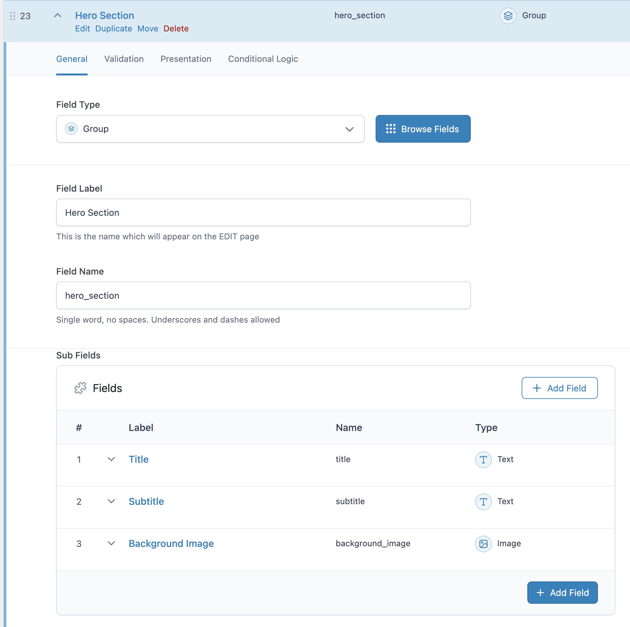 Creating ACF Group Fields Example