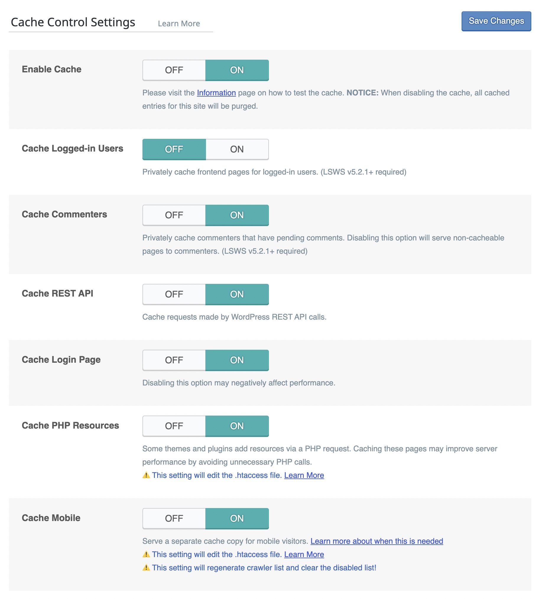 Cache Control Settings - LiteSpeed Cache