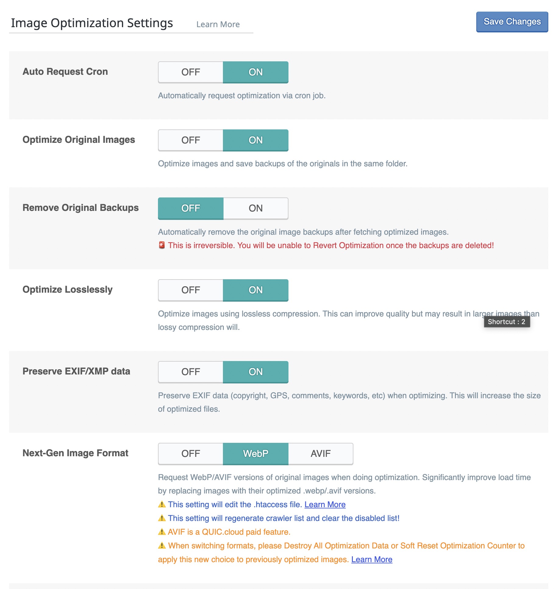 Image Optimization Settings - LSCache