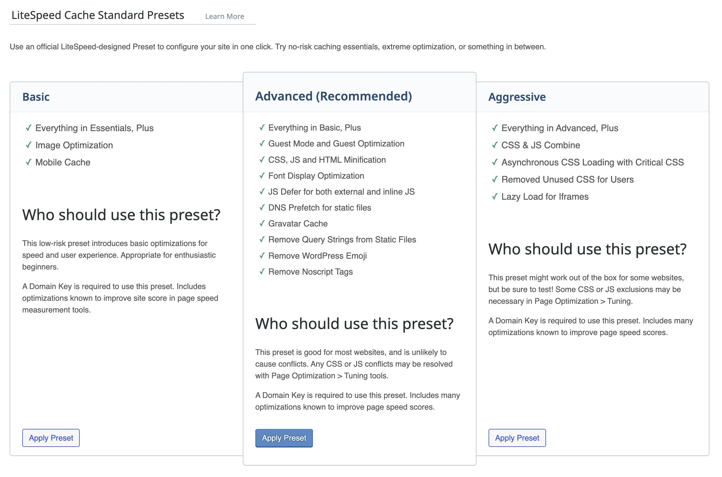 LiteSpeed Cache Standard Presets