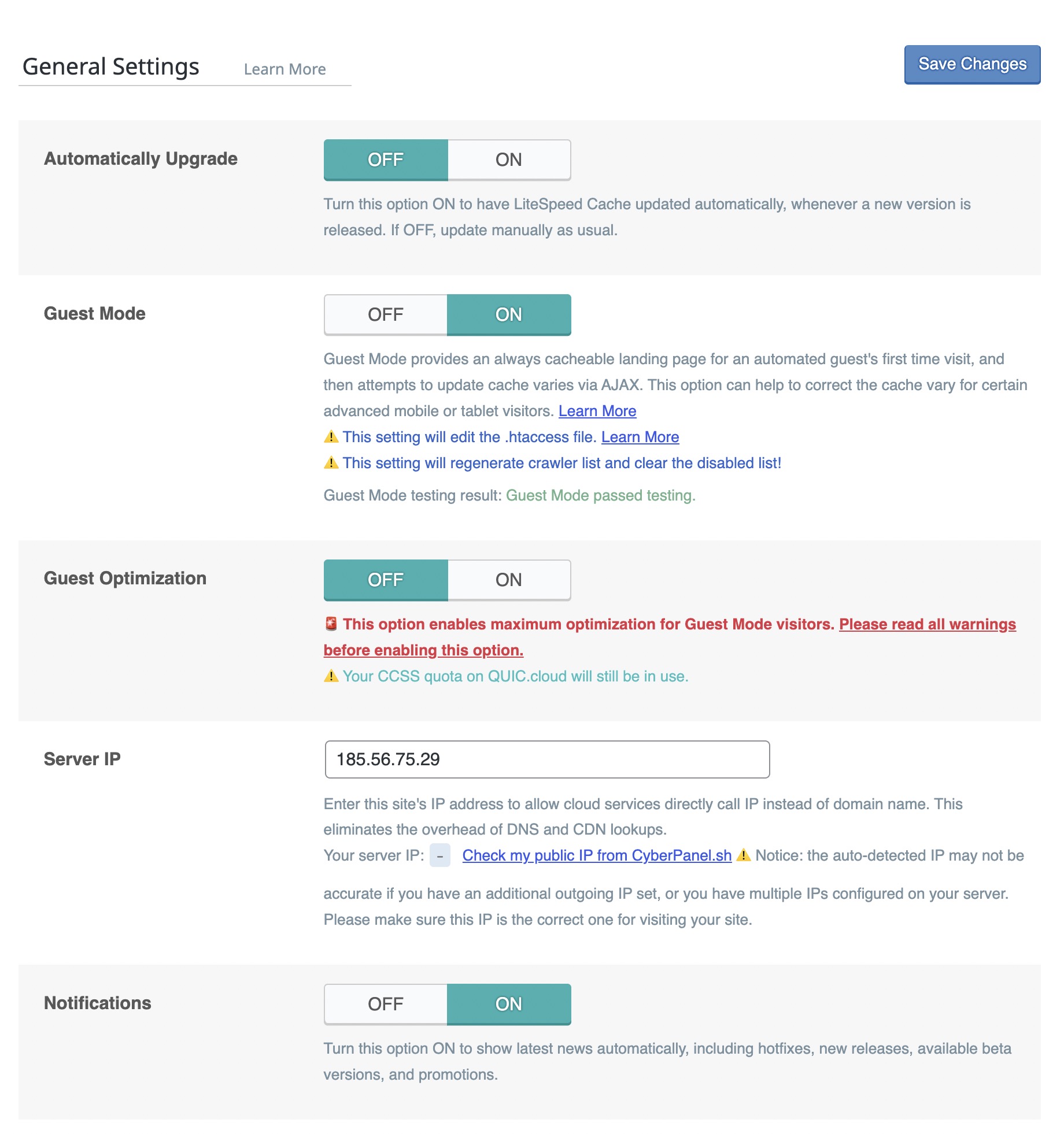 LiteSpeed Cache General Settings