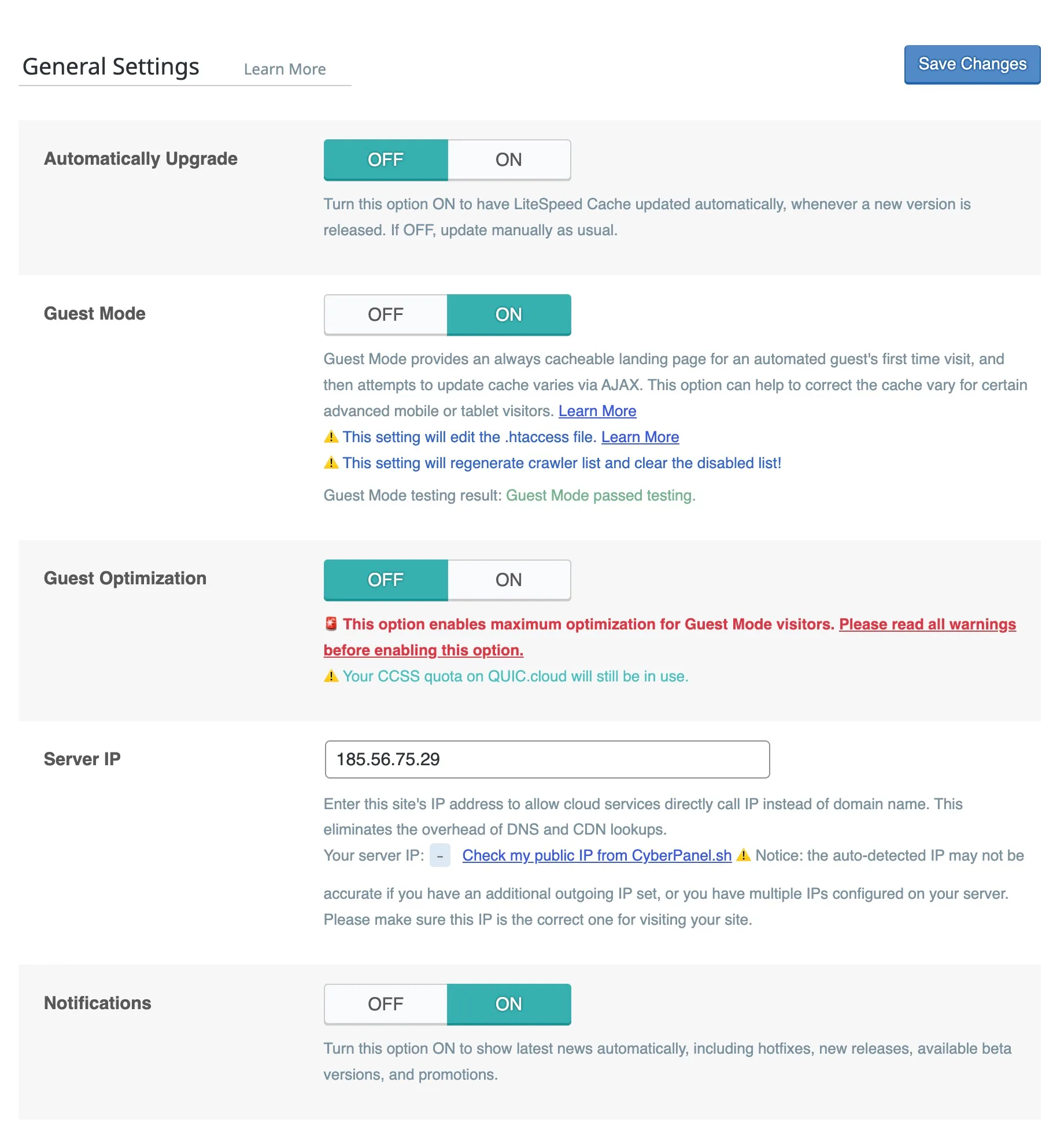 LiteSpeed Cache General Settings