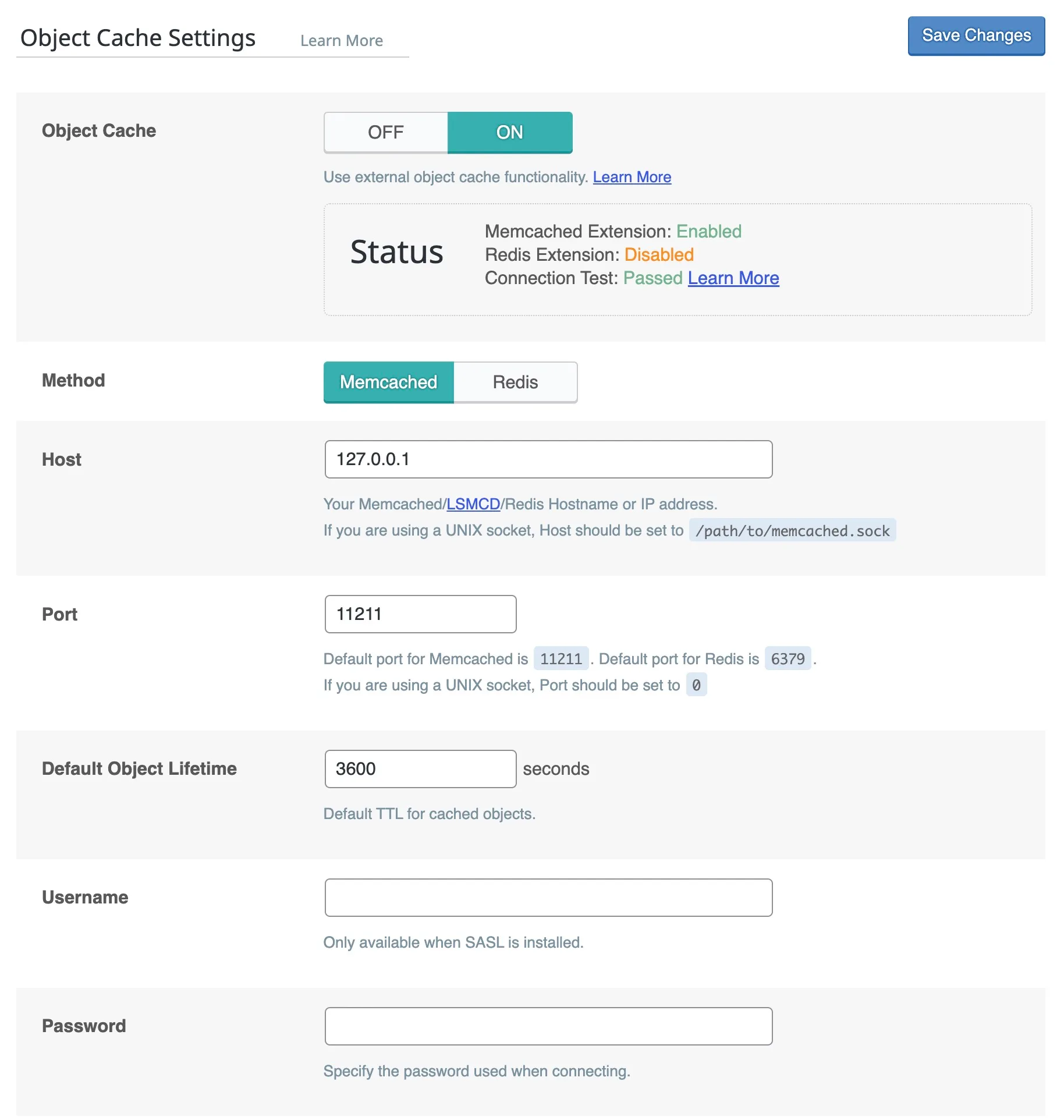 Object Cache Settings