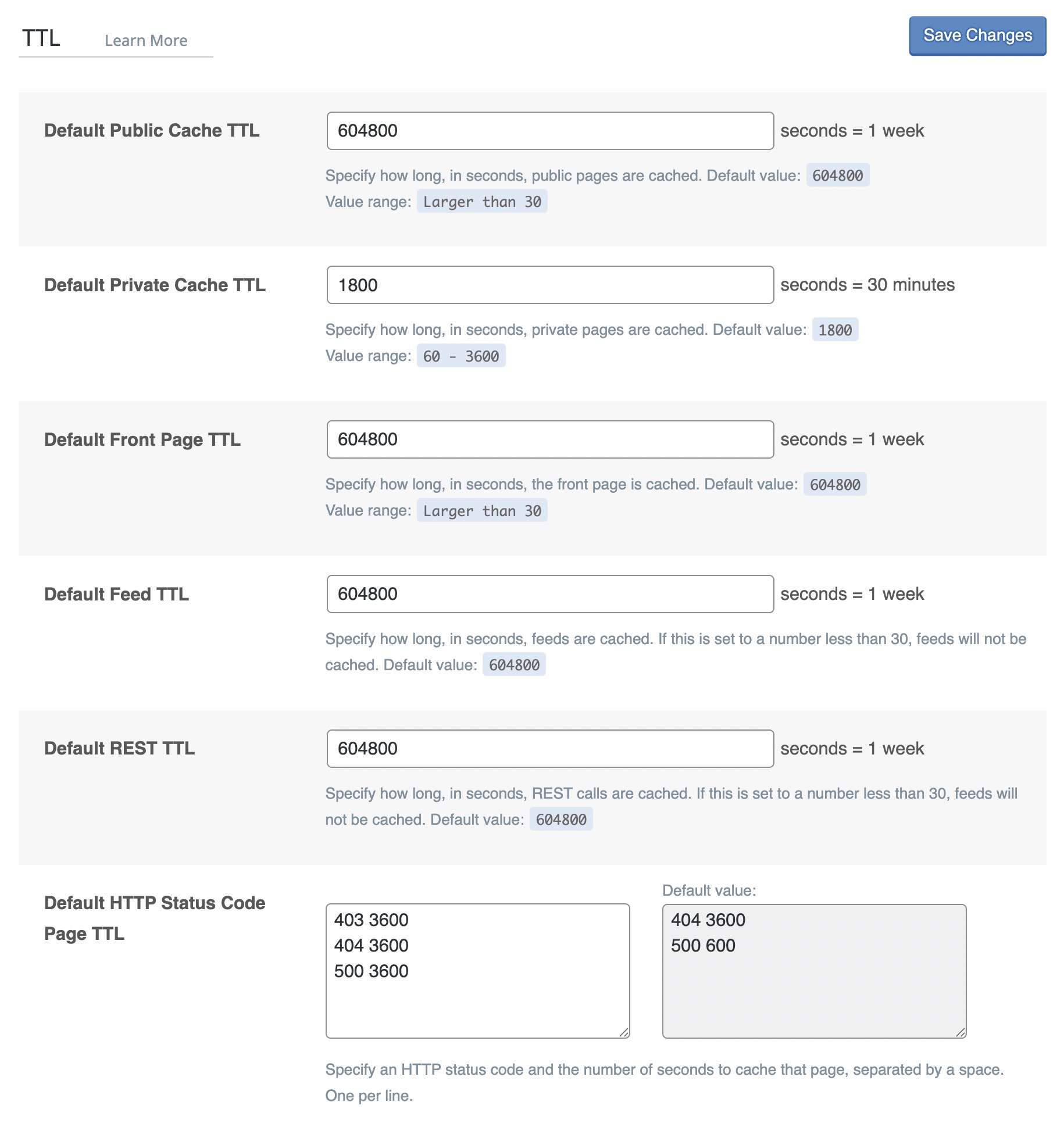 TTL Settings - LiteSpeed Cache