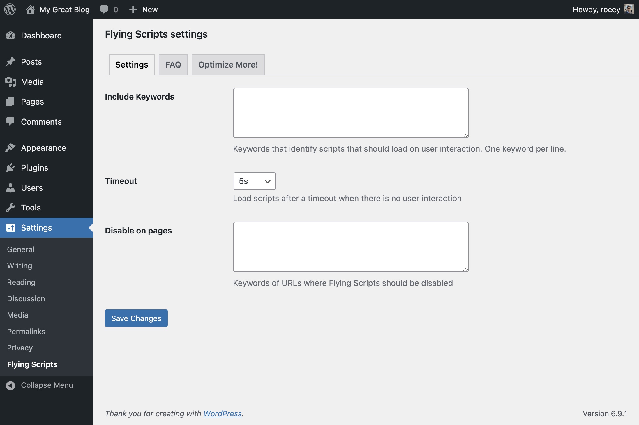 דף הגדרות תוסף Flying Scripts לוורדפרס