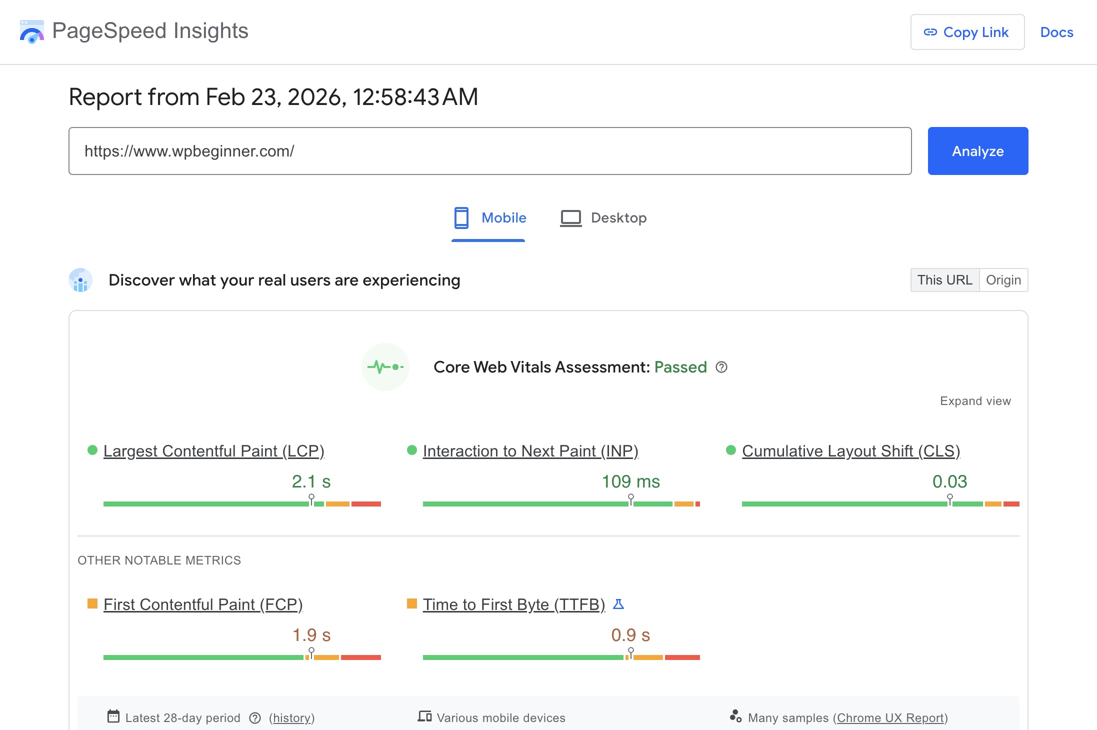 PageSpeed Insights מציג Core Web Vitals כולל מדד INP