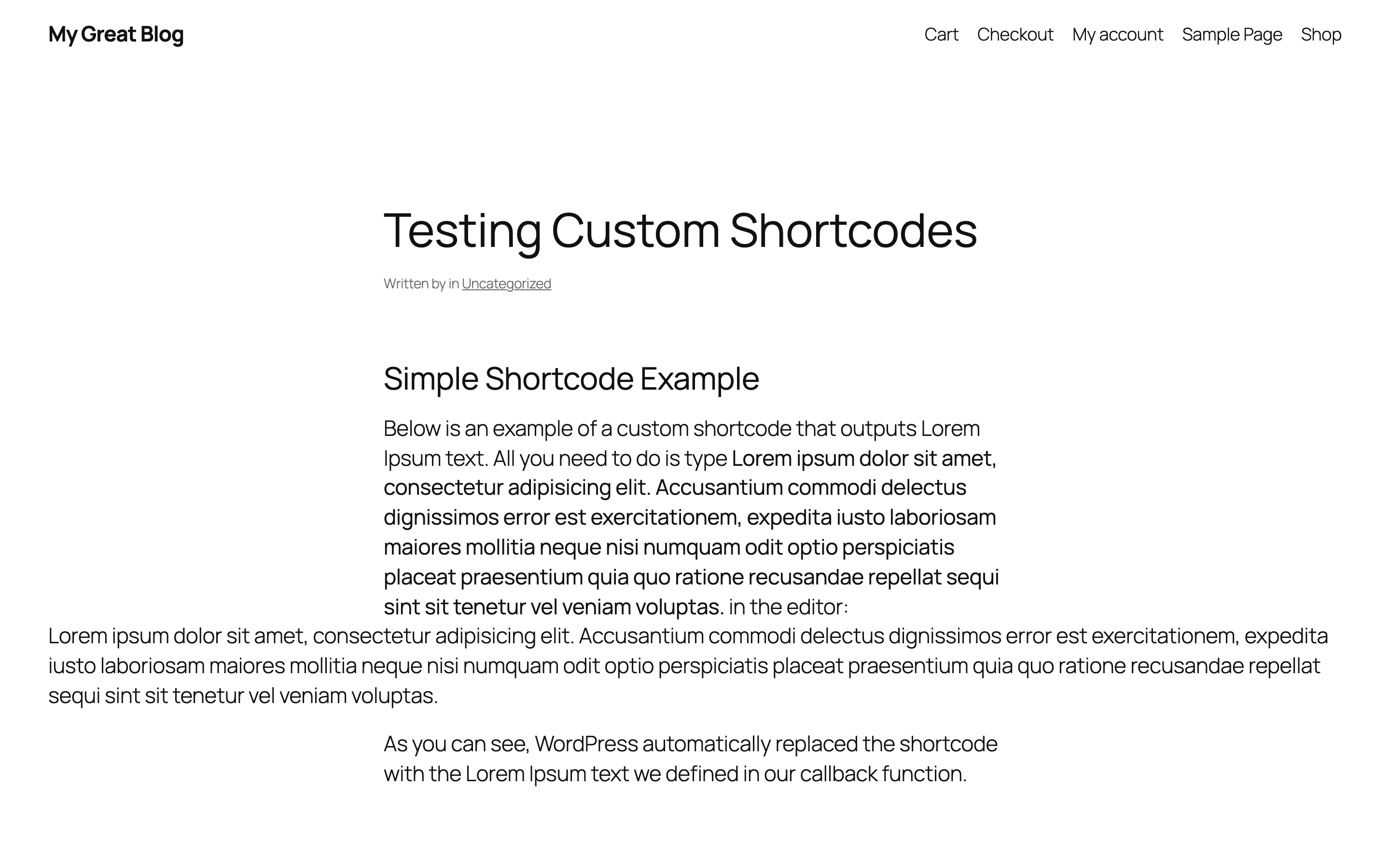 WordPress frontend showing the rendered output of a custom lorem shortcode replacing the tag with Lorem Ipsum text