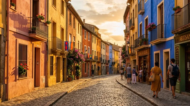 Colorful city street at golden hour