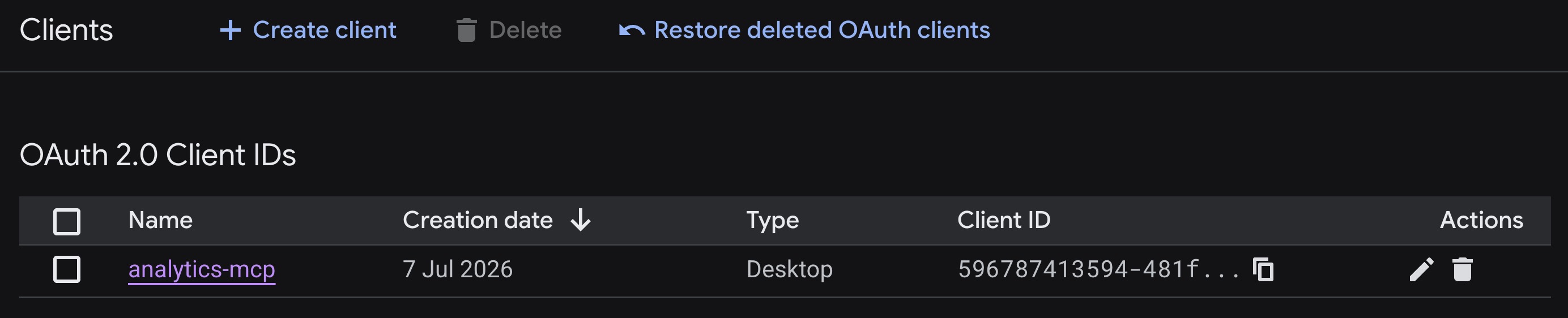 OAuth 2.0 Client IDs list showing the analytics-mcp Desktop client
