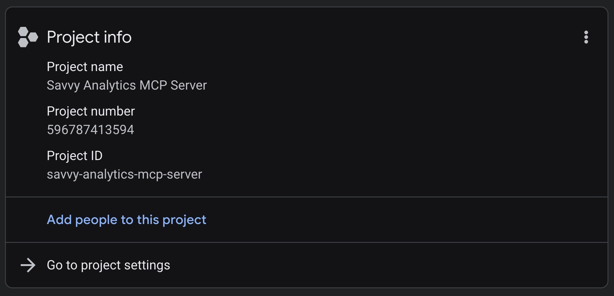 Google Cloud Console Project info card showing Project ID savvy-analytics-mcp-server