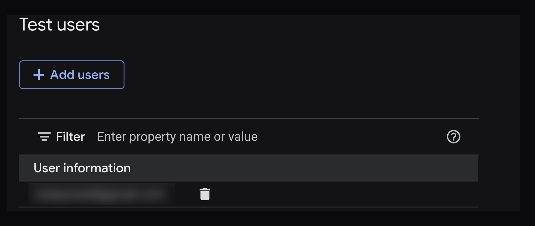 OAuth consent screen Test users section with the tester account added