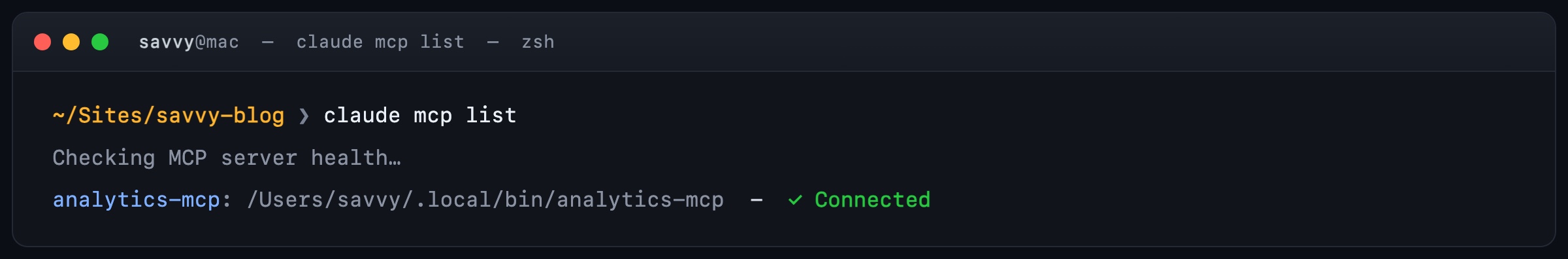 Terminal showing claude mcp list output with analytics-mcp Connected
