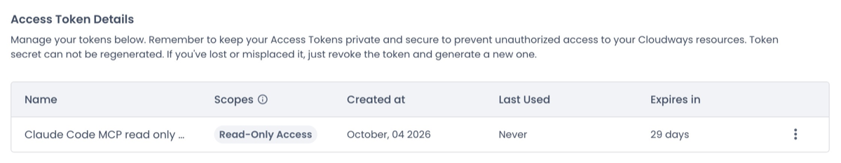 טבלת Access Token Details ב-Cloudways עם ה-token החדש בהרשאת Read-Only Access, שימוש אחרון Never ותפוגה בעוד 29 ימים